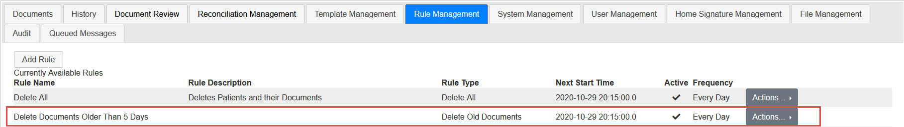 Screenshot Delete Old Documents Rule added to Rule Management Tab