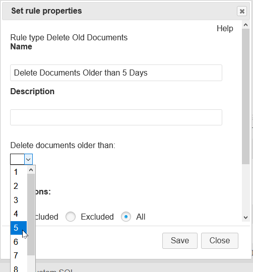 Screenshot of Choosing Documents 5 Days Old to be Deleted in Delete Old Documents Rule