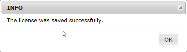 Screenshot 
                      of License saved message