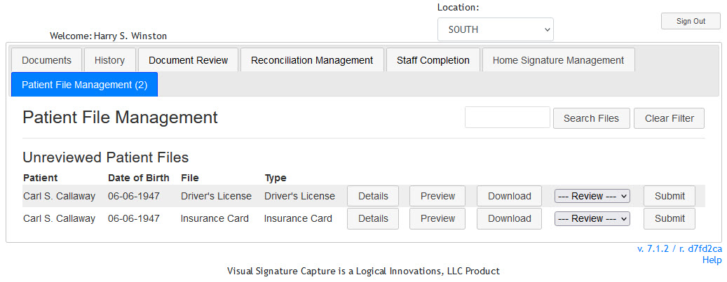 Screenshot of Patient File Management tab