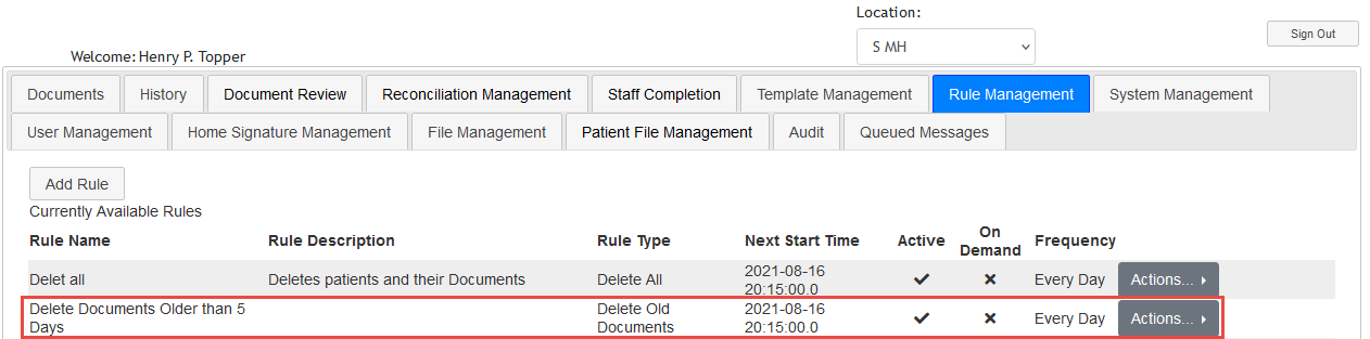 Screenshot Delete Old Documents Rule added to Rule Management Tab