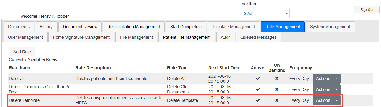 Screenshot of Delete Template Rule Added to List of Rules