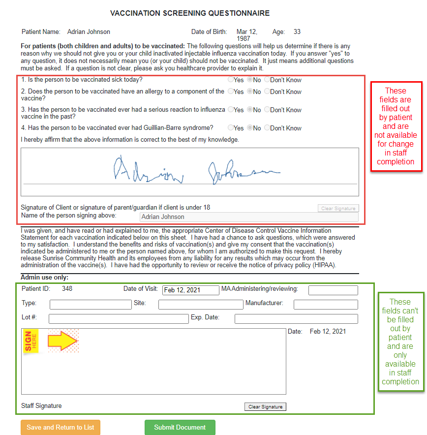 Screenshot of Staff Completion Example Document